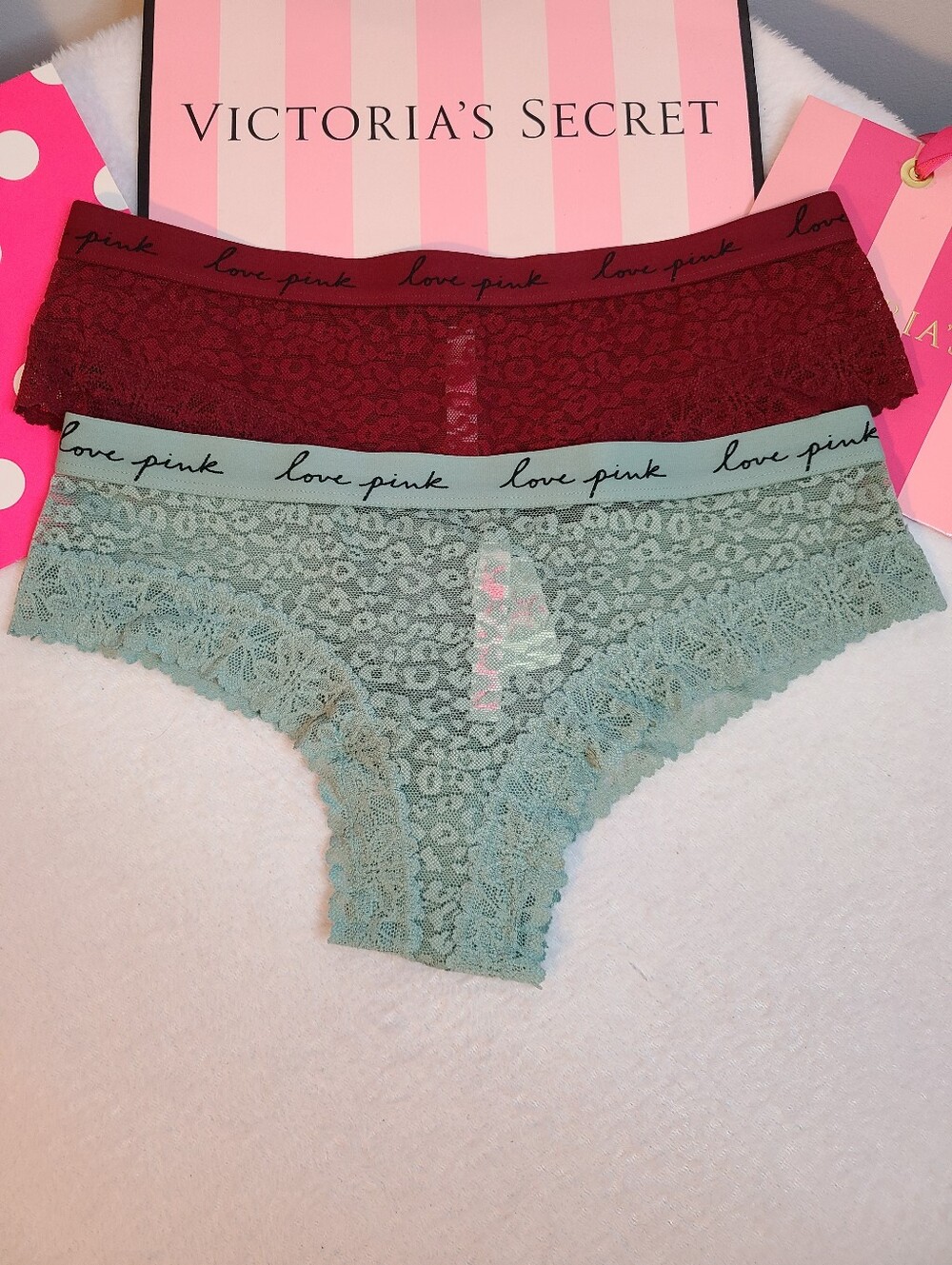 VS PINK 2pk Leopard Lace Logo Band Low Rise Cheekster Panties Size M